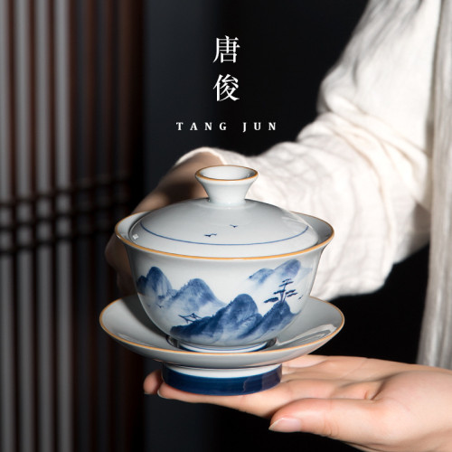 景德鎮手繪蓋碗陶瓷單個三才茶碗茶杯中式復古功夫茶具青花瓷高級