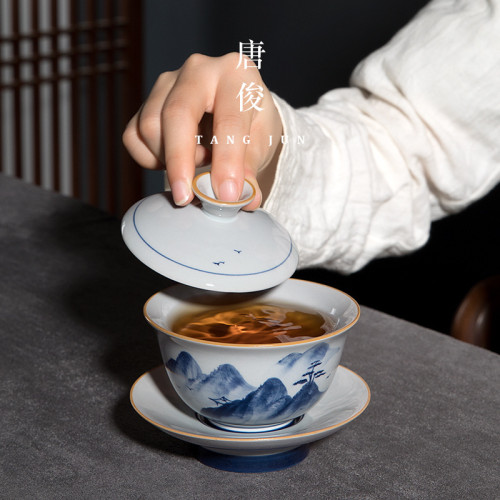 景德鎮手繪蓋碗陶瓷單個三才茶碗茶杯中式復古功夫茶具青花瓷高級