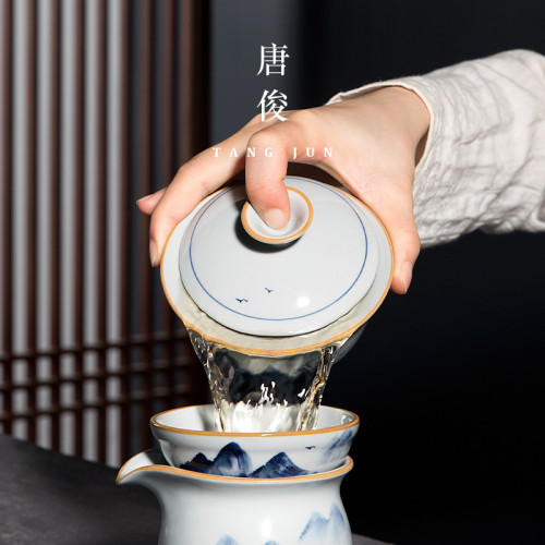 景德鎮手繪蓋碗陶瓷單個三才茶碗茶杯中式復古功夫茶具青花瓷高級