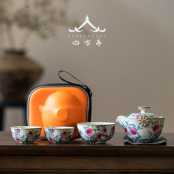 汝窰旅行茶具套裝可攜式一人一杯快客杯泡茶杯一壺二杯收納包隨身