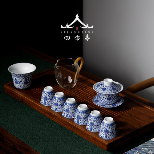 景德鎮青花瓷茶具杯子家用茶盤陶瓷功夫茶蓋碗三才套裝茶杯辦公室