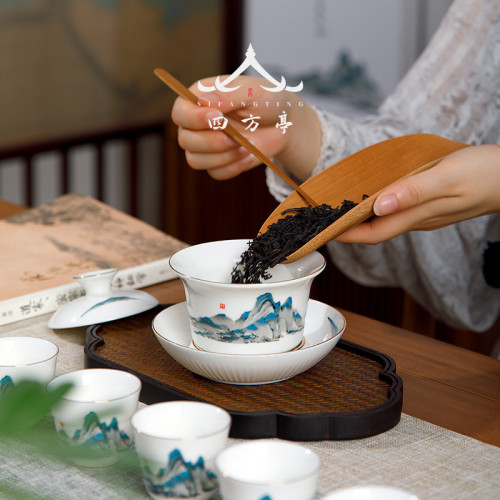 四方亭 千里江山茶具套裝國潮中式蓋碗禮品景德鎮白瓷簡約泡茶壺
