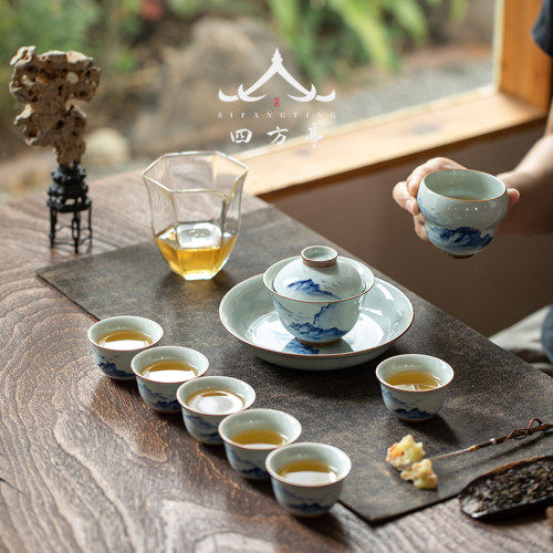 青花瓷手繪功夫茶具家用客廳輕奢高檔整套禮盒裝中式蓋碗茶杯泡茶