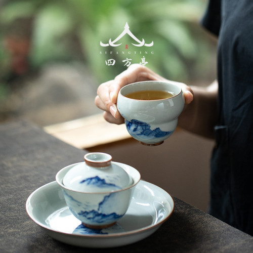 青花瓷手繪功夫茶具家用客廳輕奢高檔整套禮盒裝中式蓋碗茶杯泡茶