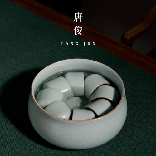 唐俊汝窰大號茶洗茶杯套裝日式禪意特大水洗陶瓷開片功夫茶具配件