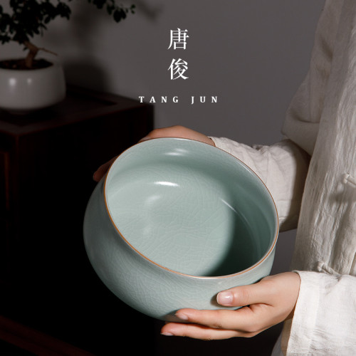 唐俊汝窰大號茶洗茶杯套裝日式禪意特大水洗陶瓷開片功夫茶具配件
