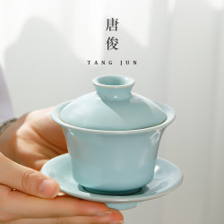 汝窰蓋碗三才茶碗茶杯可養開片懸停加厚不燙手帶蓋高檔泡茶碗