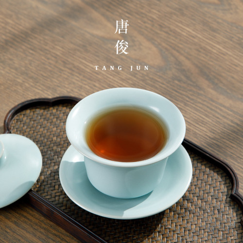 汝窰蓋碗三才茶碗茶杯可養開片懸停加厚不燙手帶蓋高檔泡茶碗