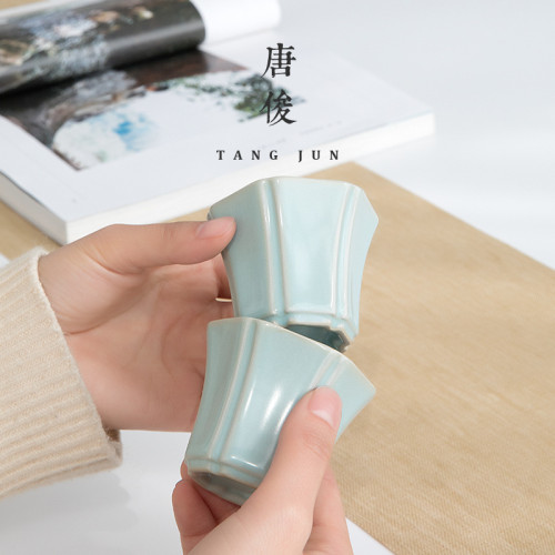 四方亭 汝窰六方杯陶瓷開片品茗杯汝瓷可養日式家用茶具小號50ml