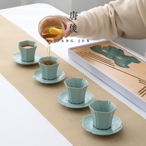 四方亭 汝窰六方杯陶瓷開片品茗杯汝瓷可養日式家用茶具小號50ml