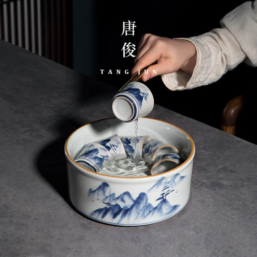 唐俊 景德鎮茶洗大號茶缸杯洗茶道配件中式水盂手繪