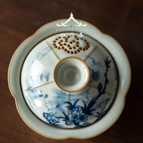 汝窰三才蓋碗茶杯單個高檔不燙手高級防燙青花瓷泡茶杯茶具套裝