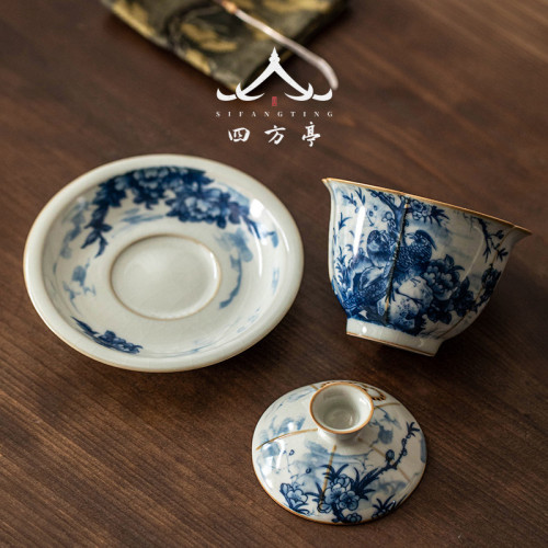 汝窰三才蓋碗茶杯單個高檔不燙手高級防燙青花瓷泡茶杯茶具套裝