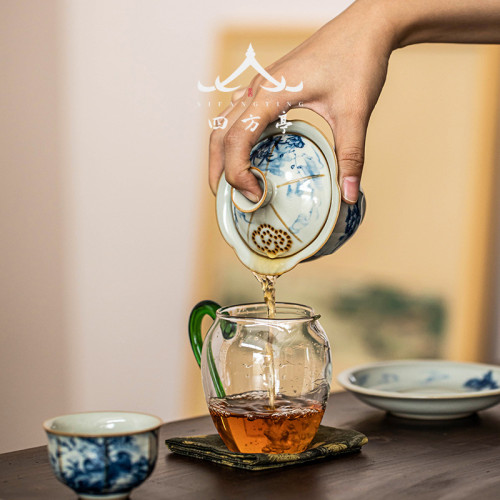 汝窰三才蓋碗茶杯單個高檔不燙手高級防燙青花瓷泡茶杯茶具套裝