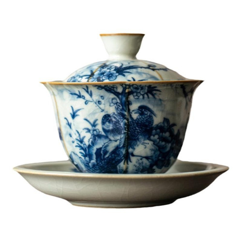 汝窰三才蓋碗茶杯單個高檔不燙手高級防燙青花瓷泡茶杯茶具套裝