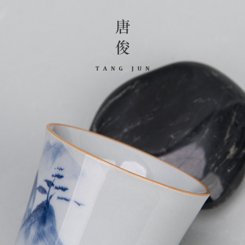 青花瓷手繪功夫茶杯遠山客人杯套裝六個裝品茗杯景德鎮杯子陶瓷