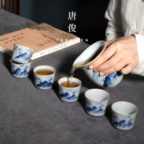 青花瓷手繪功夫茶杯遠山客人杯套裝六個裝品茗杯景德鎮杯子陶瓷