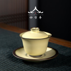 米黃景德鎮官窰鐵胎蓋碗三才茶碗茶杯單個高檔手工泡茶器家用茶具