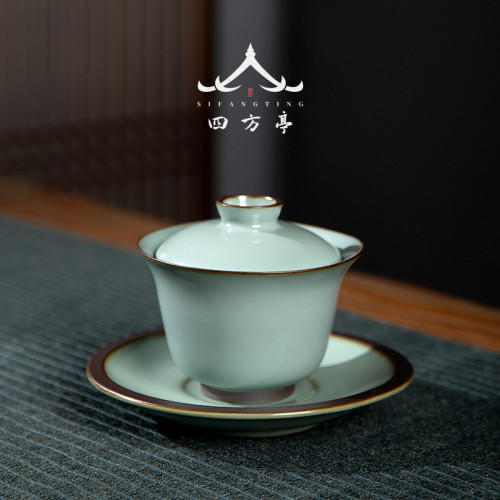 米黃景德鎮官窰鐵胎蓋碗三才茶碗茶杯單個高檔手工泡茶器家用茶具