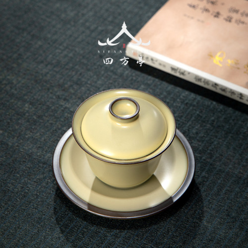 米黃景德鎮官窰鐵胎蓋碗三才茶碗茶杯單個高檔手工泡茶器家用茶具