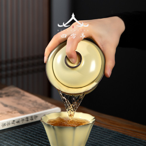 米黃景德鎮官窰鐵胎蓋碗三才茶碗茶杯單個高檔手工泡茶器家用茶具