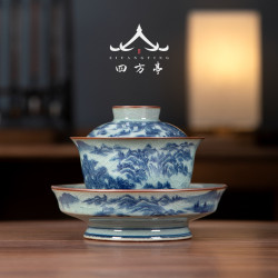 蓋碗茶杯高足三才茶碗青花瓷景德鎮單個高檔茶具中式古典風