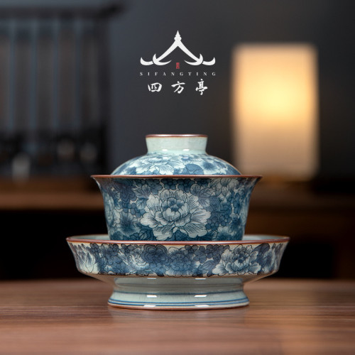 蓋碗茶杯高足三才茶碗青花瓷景德鎮單個高檔茶具中式古典風