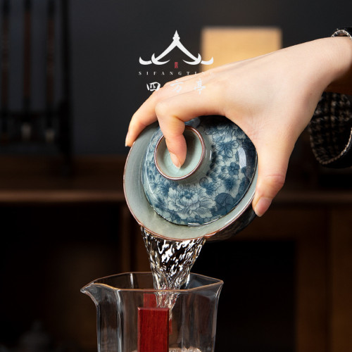 蓋碗茶杯高足三才茶碗青花瓷景德鎮單個高檔茶具中式古典風
