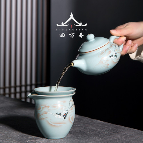 四方亭 汝窰公道杯茶漏一體陶瓷茶葉過濾茶濾高檔漏鬭