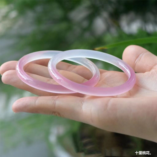 冰種漸變粉玉髓手鐲鬱金香瑪瑙細圓條鐲子叮噹鐲女款玉石手環禮品