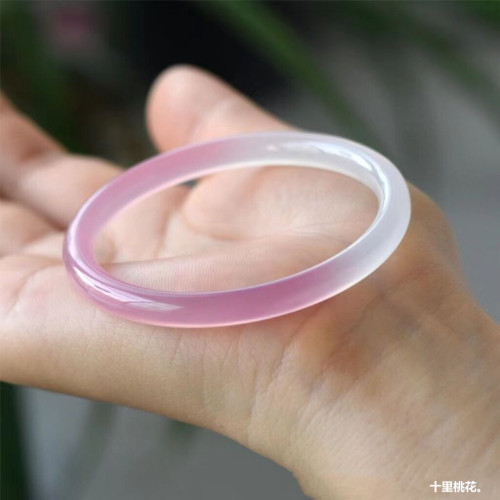 冰種漸變粉玉髓手鐲鬱金香瑪瑙細圓條鐲子叮噹鐲女款玉石手環禮品
