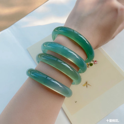冰種老藍水瑪瑙手鐲少女款遠山黛玉髓手鐲圓條油青色瑪瑙鐲子天然