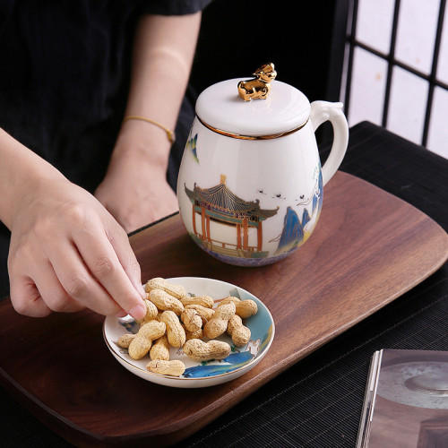 國潮羊脂玉辦公杯帶蓋過濾描金陶瓷馬克杯茶杯茶水分離水杯可