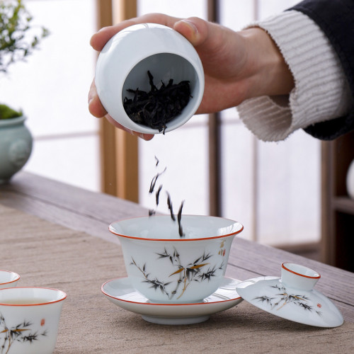 中式蓋碗功夫茶具影青釉蓋碗三才茶碗家用簡約泡茶器手繪敬茶碗杯