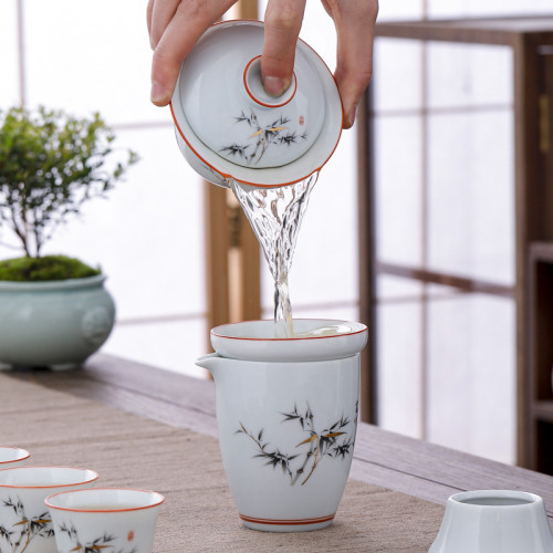 中式蓋碗功夫茶具影青釉蓋碗三才茶碗家用簡約泡茶器手繪敬茶碗杯