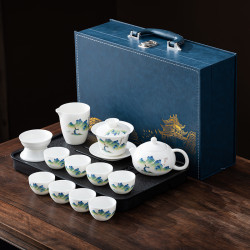 羊脂玉白瓷功夫茶具套裝家用蓋碗茶壺泡茶杯高檔禮盒商務禮品套裝