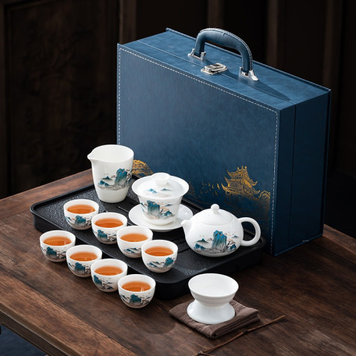 羊脂玉白瓷功夫茶具套裝家用蓋碗茶壺泡茶杯高檔禮盒商務禮品套裝