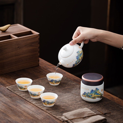 羊脂玉千里江山旅行泡茶茶具禮品套裝銀行商務精美做工伴手禮