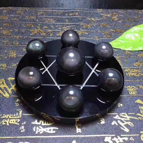 天然黑曜石七星陣擺件 黑曜石水晶球擺件 黑色水晶球家居客廳
