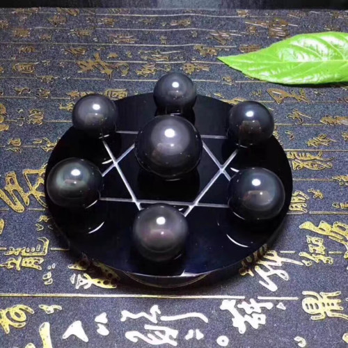 天然黑曜石七星陣擺件 黑曜石水晶球擺件 黑色水晶球家居客廳
