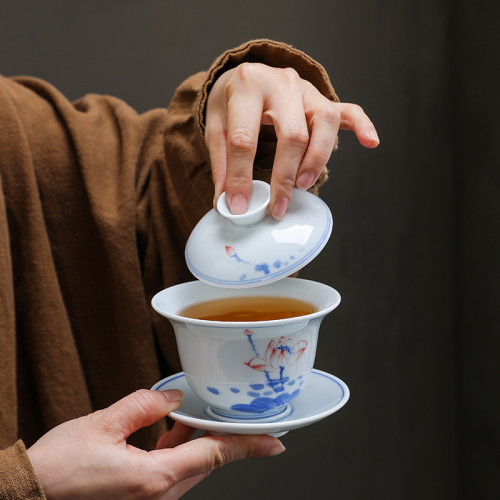 純手繪手作三才蓋碗荷韻竹子陶瓷功夫泡茶碗茶杯敬羊脂玉茶碗