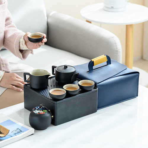 日式黑陶可攜式包旅行茶具套裝功夫茶具家用一壺四杯簡約快客杯套組