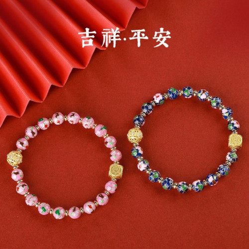 北京國風景泰藍手串磨光珠子手工銅胎掐絲琺瑯高溫燒藍龍年手鏈女