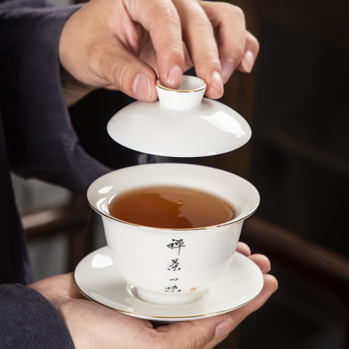 手寫描金羊脂玉防燙蓋碗加厚茶碗敬茶杯簡約功夫茶具泡茶碗批