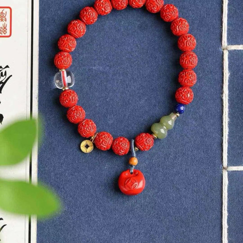 天然原礦硃砂精品紅砂「迴紋珠」手鏈   吊墜吞金含量高達95%以上