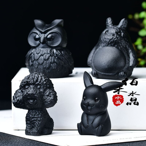 永韻 天然黑曜石卡通動漫擺件 原石雕刻公仔家居擺設孩子禮物