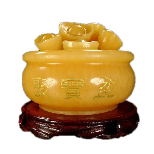 永韻天然米黃玉聚寶盆創意擺件家居玉石元寶客廳玄關店鋪開業禮品