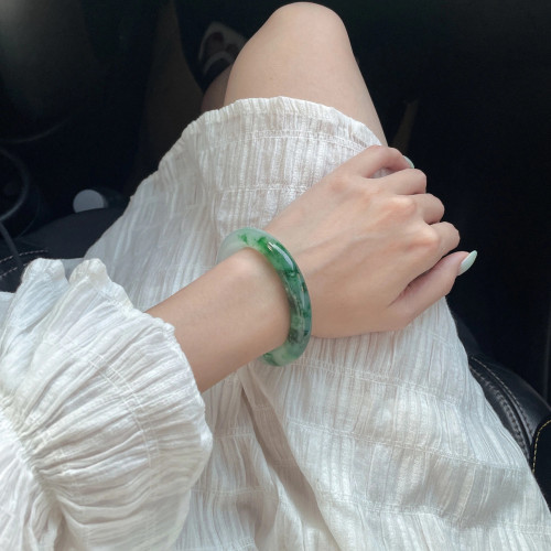 翡翠手鐲珠寶飄花辣綠色冰種底天然小細條胖圓紫羅蘭貴氣女款