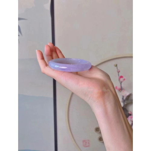 天然緬甸翡翠冰種手鐲女粉紫玉石貴妃飄花圓條玉鐲冰糯種玉手鐲子
