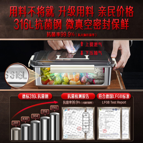 三四鋼 密封盒手提可攜式冰箱收納盒 食品盒大容量316L不鏽鋼保鮮盒